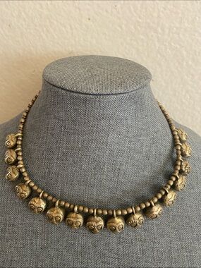 Vintage African Brass Tribal MASKS Fringe Choker Necklace